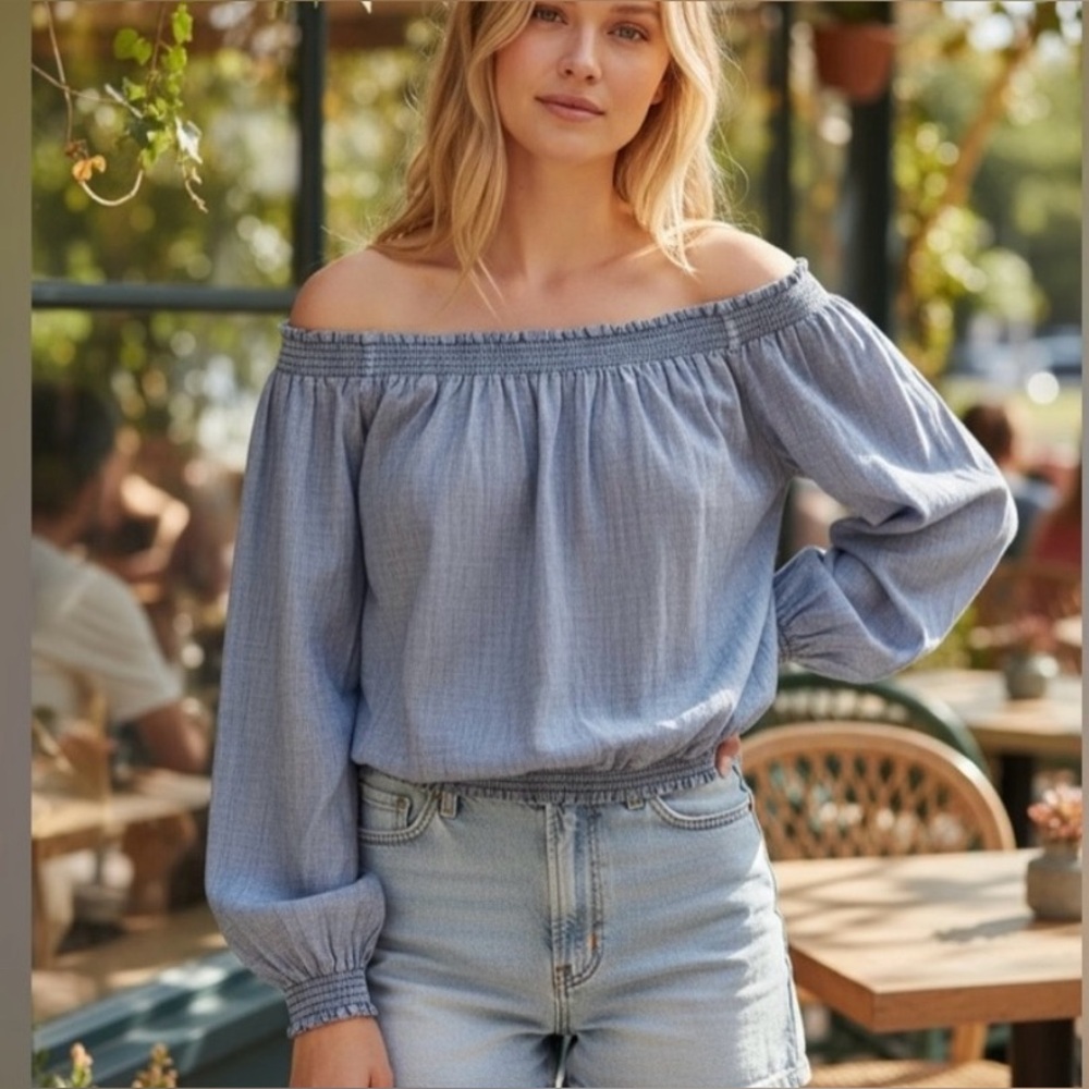 Blanco By‎ Nature Gray Off The Shoulder Long Sleeve 100% Cotton Boho Top